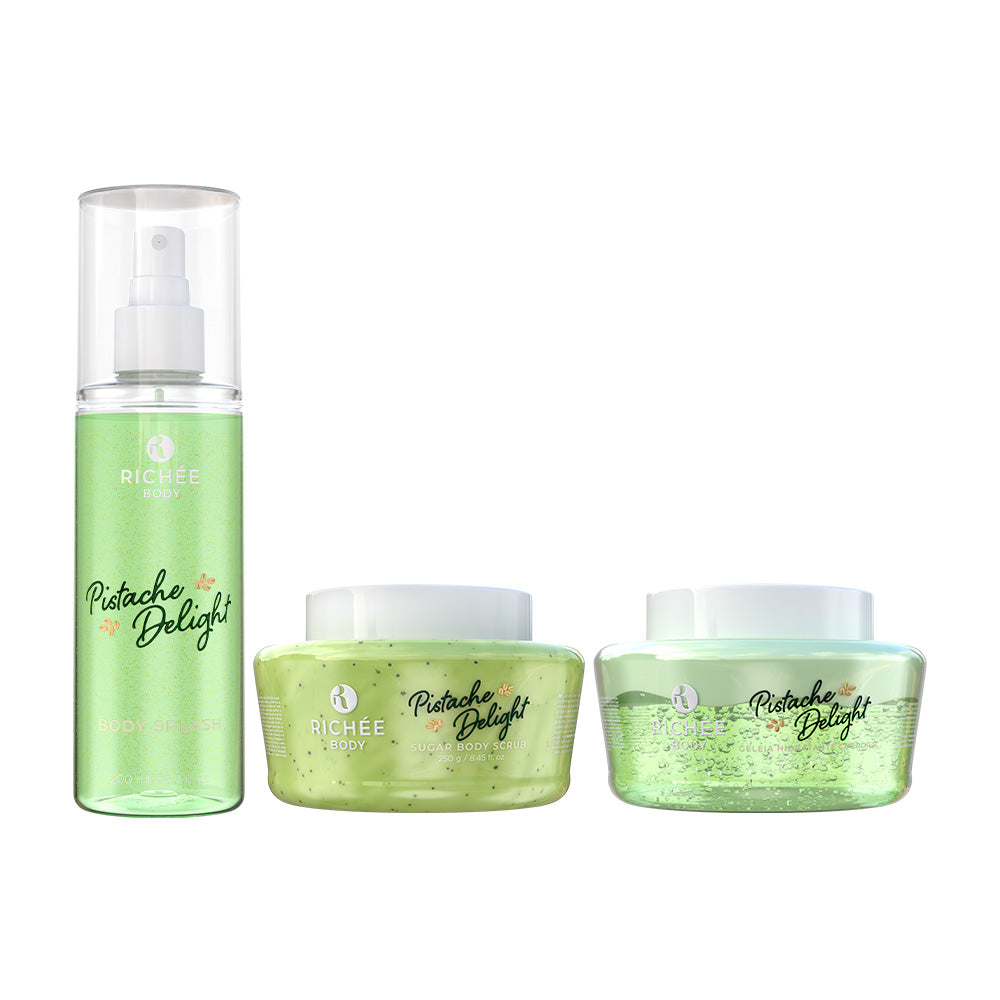 Kit Esfoliante, Geleia e Body Splash Pistache