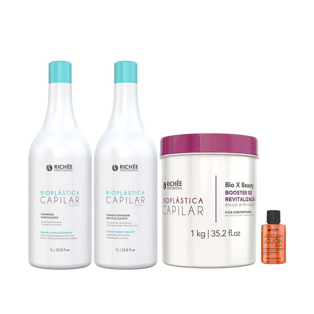 Kit Bio Bioplástica 1Kg, Sh. e Cond. Bioplástica 1L e Óleo Argan e Ojon 9ml