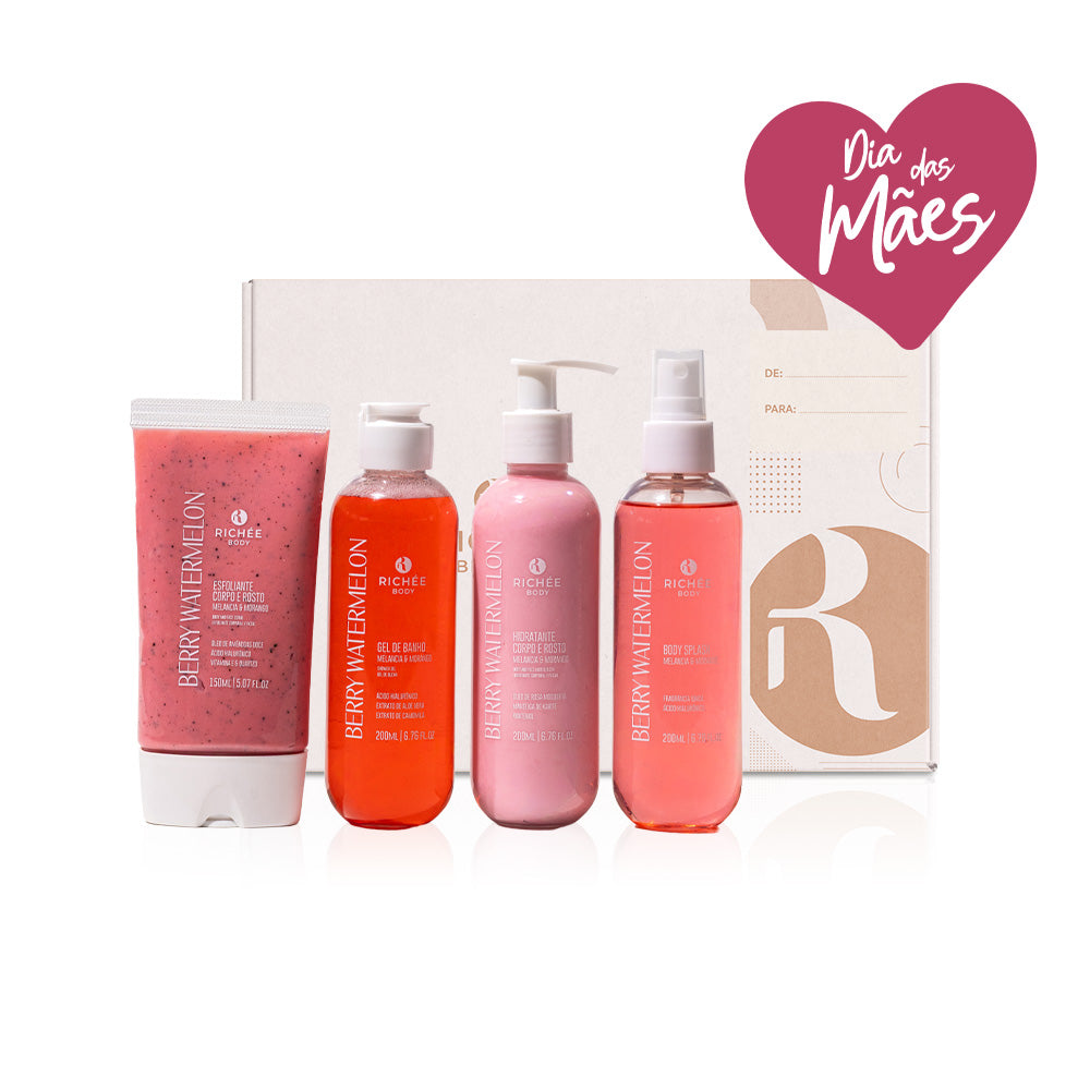 Kit Esfoliante, Gel de Banho, Hidratante e Body Splash Morango e Melancia