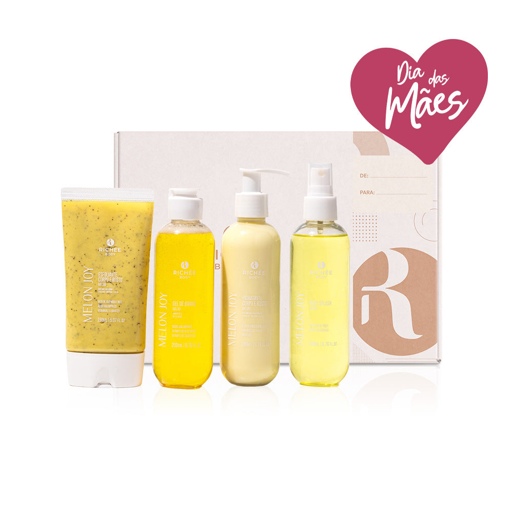 Kit Esfoliante, Gel de Banho, Hidratante e Body Splash Melão