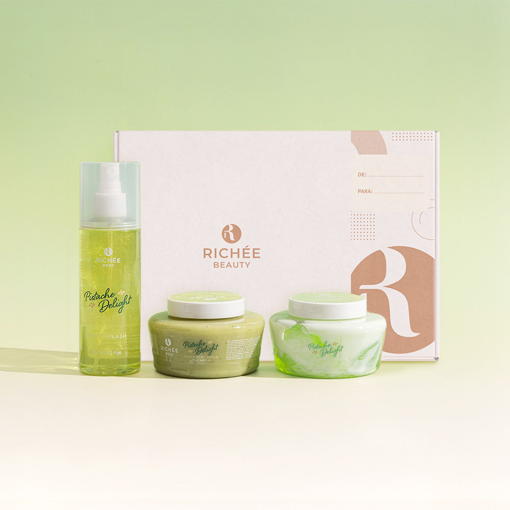 Kit Esfoliante, Geleia e Body Splash Pistache