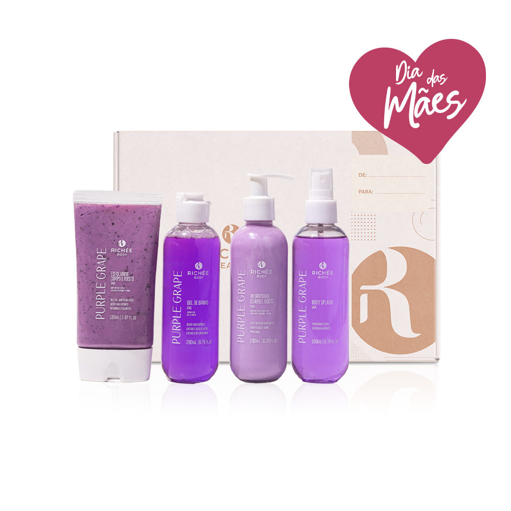 Kit Esfoliante, Gel de Banho, Hidratante e Body Splash Uva