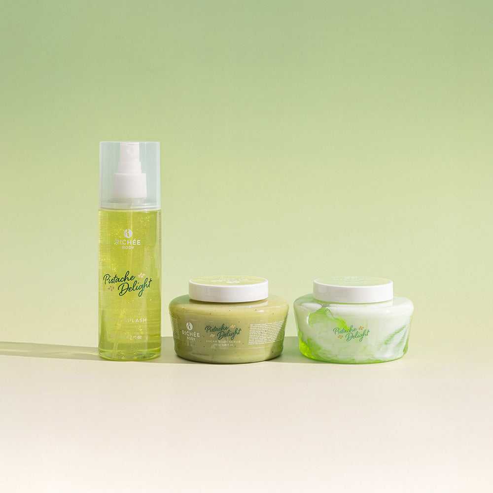 Kit Esfoliante, Geleia e Body Splash Pistache