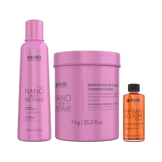 Richée Nano Repair Kit Tratamento Repositor de Massa 1Kg + Argan e Ojon Oil + Shampoo Antirresíduos
