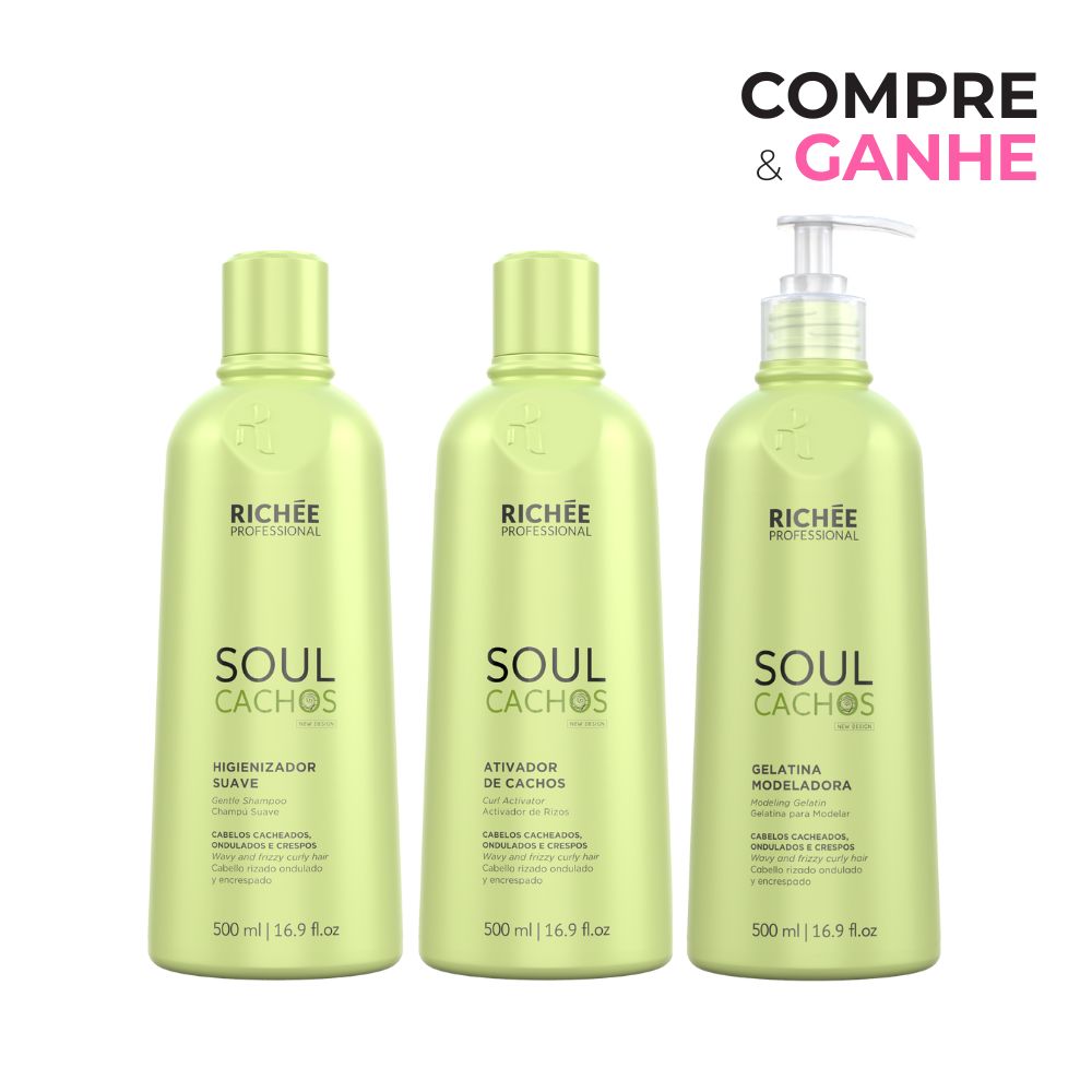 COMPRE Richée Professional Soul Cachos Higienizador Suave 500ml e Ativador de Cachos 500ml GANHE Gelatina Modeladora 500ml